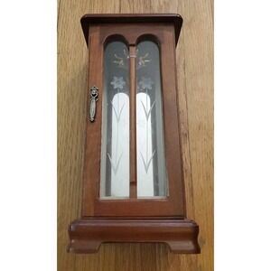 Vintage Standing Wood Jewelry Box with Etched Glass Doors Mirror